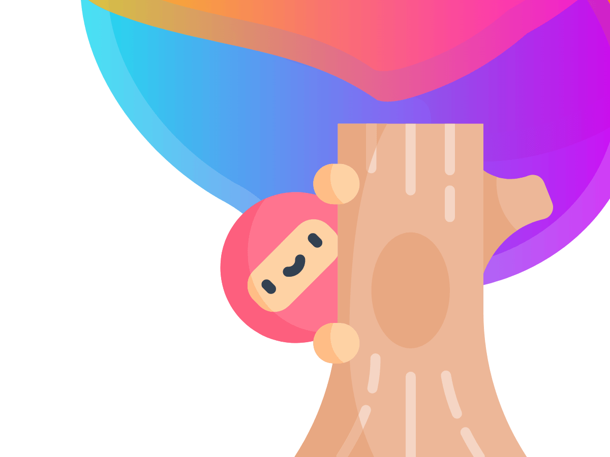 A cartoon character with a round face and ninja style headwear smiling and poking their head out from behind a tree trunk.