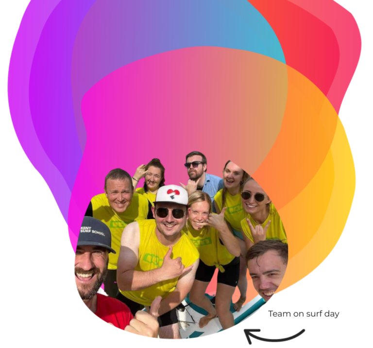 The Bee Digital Marketing team on a surf day all smiling and waving to the camera