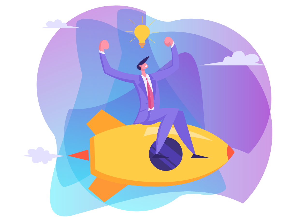 A business person in a suit riding a rocket. He has had a great idea, and his arms are raised in triumph - Bee Digital Marketing