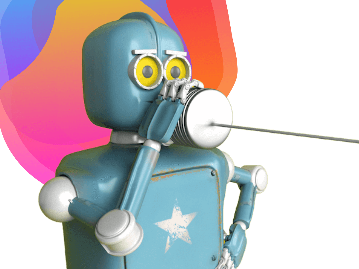 Against a Bee Digital Marketing background is a green old fashioned 1950s style robot who is communicating via a tin can and string