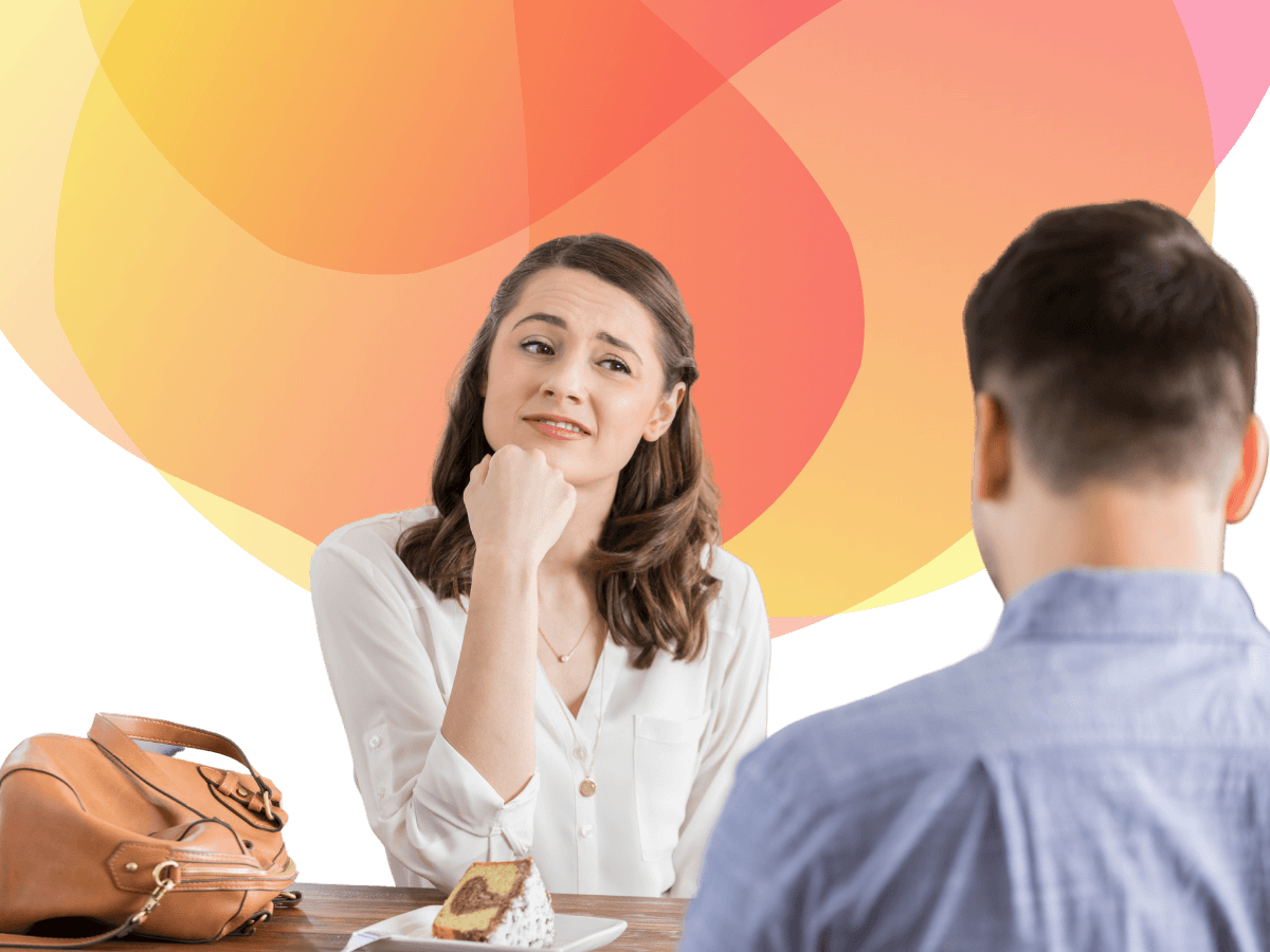 A picture of a man and a woman having an informal meeting. The woman is confused and the meeting is not going well Background: Bee Digital Markeing colours