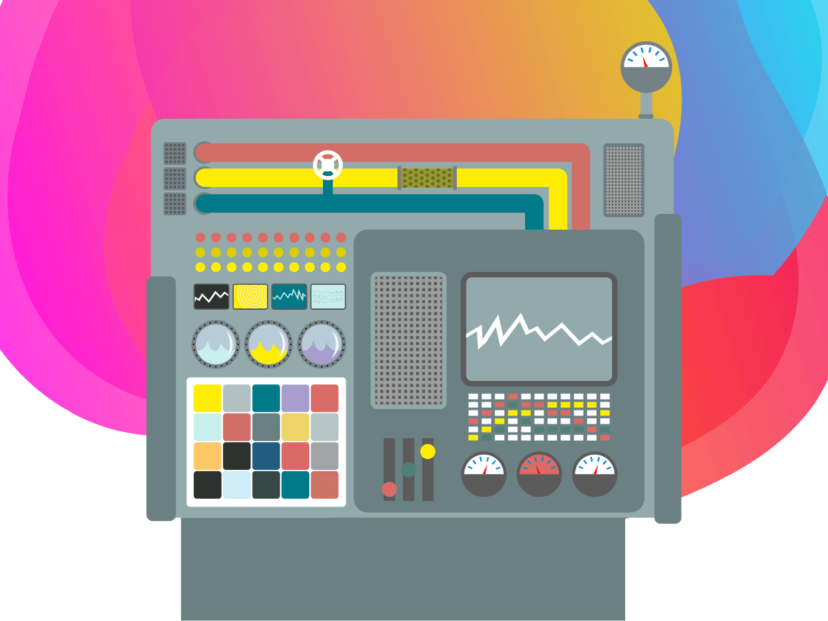 Old fashioned grey machine with lots of buttons and dials, against a background of Bee Digital Marketing colours