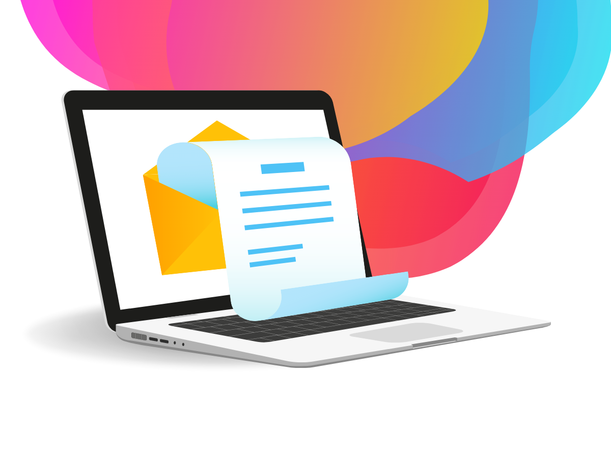 A laptop with an email icon displayed. From the icon a Bee Digital Marketing newsletter is coming out of the screen and onto the keyboard.