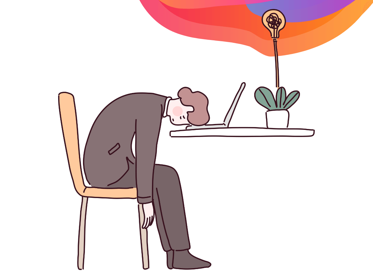 Copywriter needs inspiration to avoid using cliches, he is in despair. Background: Bee Digital Marketing colours
