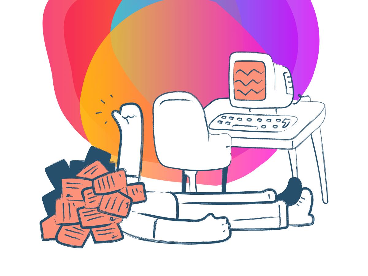 In the foreground an overwhelmed man lies on the floor in front of his desk with his arm raised asking for help. His face is covered in papers which represent emails.
