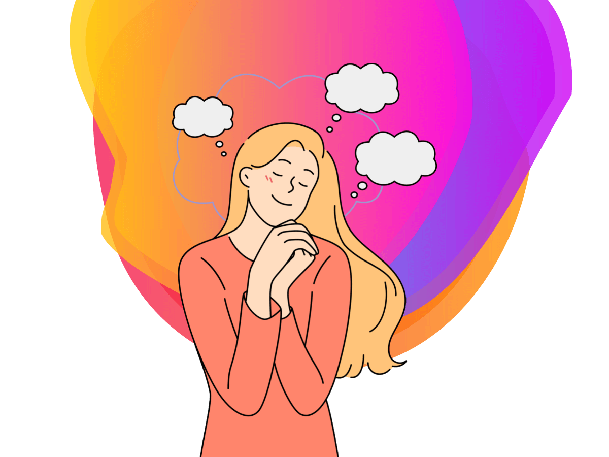 A female customer being delighted and smiling. Background: Bee Digital Marketing colours