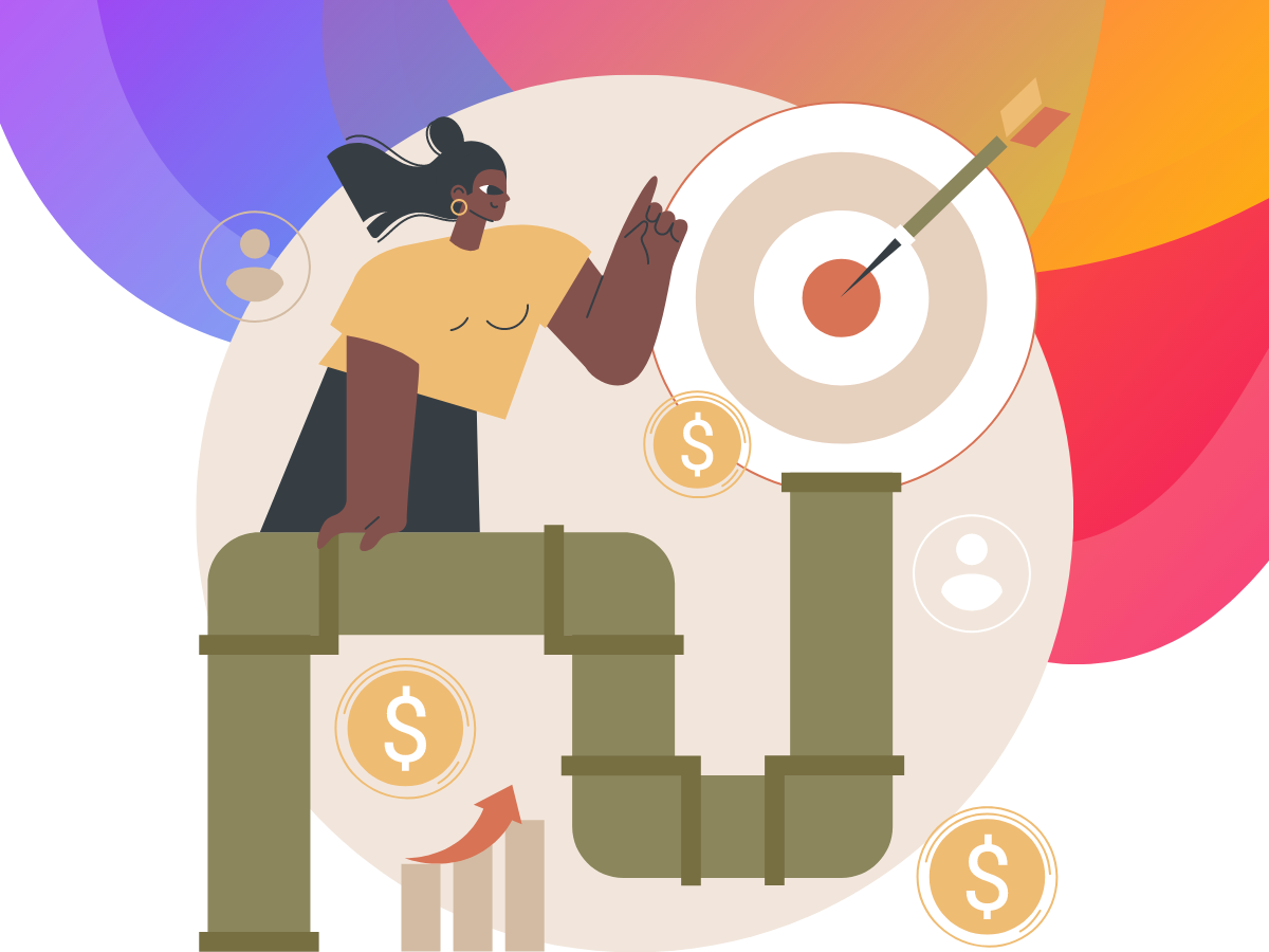 A picture of a drainpipe, representing a sales pipeline, leading to a bullseye target. Background: Bee Digital Marketing colours
