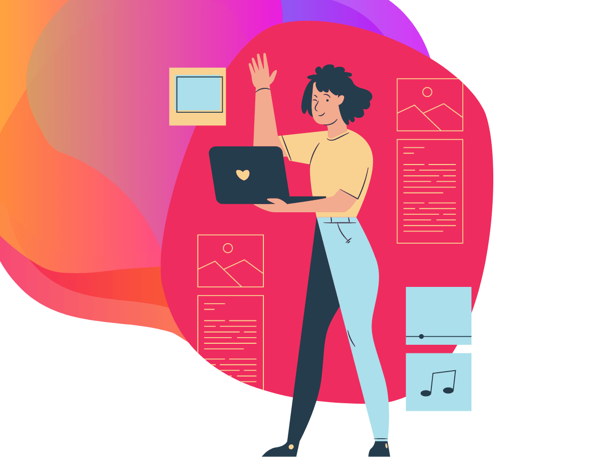A drawing of a person writing effective content on a laptop, surrounded with ideas of text, images and music - Bee Digital Marketing