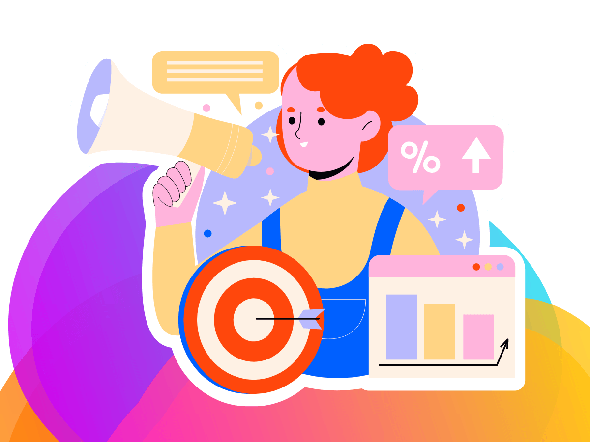 A person with a loudhailer, sending out a Facebook Ad. She's surrounded by pictures of a bullseye, bar chart, statistics & a speech bubble
