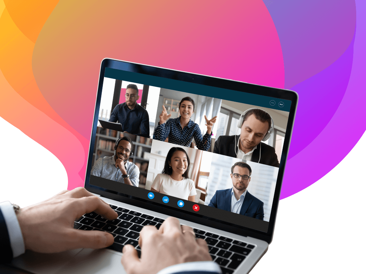 A laptop which is showing a virtual conference; 6 people are taking part in the meeting, all from different places - Bee Digital Marketing